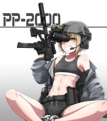Rule 34 | 1girl, black gloves, black shorts, black sports bra, blonde hair, breasts, collarbone, combat helmet, commentary request, dolphin shorts, ear protection, gloves, grey jacket, grin, gun, helmet, highres, jacket, long sleeves, looking at viewer, magazine (weapon), medium hair, microphone, navel, night vision device, off shoulder, open mouth, optical sight, original, pp-2000, radio, sekino takehiro, shoes, shorts, sitting, small breasts, smile, solo, sports bra, submachine gun, suppressor, teeth, trigger discipline, weapon, yellow eyes