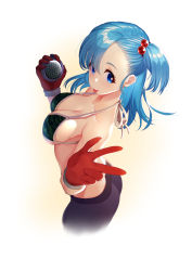 Rule 34 | 1girl, abondz, absurdres, ass, blue eyes, blue hair, breasts, bulma, cleavage, collarbone, dragon ball, from above, gloves, hair ornament, highres, holding, looking at viewer, red gloves, smile, solo, tongue, tongue out