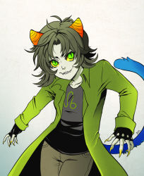 Rule 34 | 1girl, animal ears, black hair, black shirt, blouse, cat ears, claws, coat, colored sclera, colored skin, fang, fangs, fingerless gloves, gloves, green eyes, green hair, grey background, grey skin, homestuck, horns, jin-nyeh, leo (symbol), matching hair/eyes, nepeta leijon, orange horns, oversized clothes, parted bangs, sharp teeth, shirt, short hair, sleeves rolled up, slit pupils, smile, solo, tail, teeth, yellow horns, yellow sclera