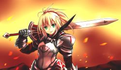 Rule 34 | 1girl, armor, blonde hair, clarent (fate), fate/apocrypha, fate (series), full armor, gauntlets, gradient background, green eyes, highres, kujira jio, mordred (fate), mordred (fate/apocrypha), over shoulder, ponytail, solo, sword, sword over shoulder, weapon, weapon over shoulder