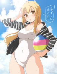 Rule 34 | 1girl, ball, beachball, blonde hair, breasts, cleavage, cloud, cloudy sky, cookie (touhou), covered erect nipples, covered navel, cowboy shot, day, hand on own head, jacket, kirisame marisa, long hair, looking at viewer, marine (46586031), medium breasts, one-piece swimsuit, open mouth, sky, solo, striped clothes, striped jacket, sun, sweat, swimsuit, touhou, uzuki (cookie), white one-piece swimsuit, yellow eyes