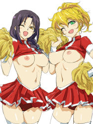 Rule 34 | 2girls, black hair, blonde hair, blush, braid, breasts, cheerleader, clothes lift, fang, hand on own hip, highres, long hair, michael f91, multiple girls, navel, nipples, open mouth, perky breasts, shiny skin, shirt lift, simple background, sketch, smile, thigh gap, white background, white legwear
