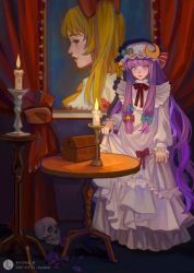 Rule 34 | 1girl, blonde hair, bow, candle, candlelight, candlestand, capelet, crescent, crescent hat ornament, dress, flandre scarlet, frilled capelet, frilled dress, frilled shirt collar, frills, hair bow, hat, hat ornament, hat ribbon, holding, holding clothes, holding skirt, kyokoyouyou, long dress, long hair, mob cap, patchouli knowledge, portrait, purple eyes, purple hair, red eyes, red ribbon, ribbon, shirt, short hair, side ponytail, skirt, skull, solo, touhou, very long hair, yellow bow