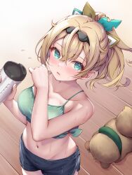 Rule 34 | 1girl, absurdres, aqua eyes, black hairband, blonde hair, blue shorts, blush, bottle, bow, breasts, camisole, commentary request, double-parted bangs, fuwawa abyssgard, fuwawa abyssgard (dog), green camisole, groin, hair between eyes, hair bow, hairband, highres, holding, holding bottle, hololive, hololive english, hot, kazama iroha, long hair, looking at viewer, lowleg, lowleg shorts, medium breasts, midriff, navel, parted lips, pokobee, ponytail, shorts, side slit, side slit shorts, solo, spaghetti strap, sweat, tmo-cat, very sweaty, virtual youtuber, wide ponytail, wooden floor
