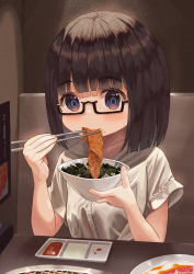 Rule 34 | 1girl, black-framed eyewear, black hair, blue eyes, blush, bob cut, bowl, breasts, chopsticks, commentary request, couch, eating, food, food on face, food request, glasses, grill, highres, holding, holding bowl, holding chopsticks, indoors, looking at viewer, mimikaki (men bow), on couch, original, semi-rimless eyewear, shirt, short hair, short sleeves, sitting, small breasts, solo, table, under-rim eyewear, upper body, white shirt