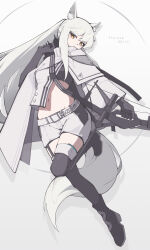 1girl absurdres animal_ear_fluff animal_ears ankle_boots arknights belt belt_buckle black_footwear black_gloves black_sports_bra black_thighhighs boots bow_(weapon) breasts buckle character_name chinese_commentary clothes_writing commentary_request dated elbow_gloves full_body gloves grey_hair grey_tail groin high_collar highres holding holding_weapon jacket long_hair navel parted_lips platinum_(arknights) shorts small_breasts solo sports_bra tail thighhighs weapon white_belt white_jacket white_shorts xue_jian_ying yellow_eyes