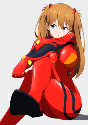 Rule 34 | 1girl, alternate breast size, artist request, ass, blue eyes, bodysuit, breasts, brown hair, crossed legs, grey background, hairpods, highres, interface headset, large breasts, legs together, long hair, medium breasts, neon genesis evangelion, pilot suit, plugsuit, red bodysuit, shiny clothes, simple background, sitting, solo, souryuu asuka langley, two side up, very long hair