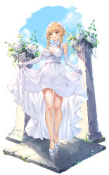 Rule 34 | 1girl, bare shoulders, blonde hair, blue sky, blush, breasts, brown eyes, chahei, cleavage, cloud, commentary request, day, dress, elbow gloves, flower, full body, genshin impact, gloves, hair flower, hair ornament, highres, long hair, looking at viewer, lumine (genshin impact), medium breasts, see-through, shoes, sidelocks, skirt hold, sky, sleeveless, sleeveless dress, solo, standing, veil, wedding dress, white dress, white flower, white footwear, white gloves