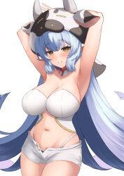 Rule 34 | 1girl, absurdres, animal print, arms up, blue hair, blush, breasts, catura (granblue fantasy), colorized, cow horns, cow print, draph, granblue fantasy, highres, horns, large breasts, long hair, looking at viewer, orange eyes, pyonsan, shaved armpits, short shorts, shorts, simple background, smile, solo, tagme, very long hair, white background