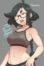 Rule 34 | 1girl, 2020, agawa ryou, artist name, bare shoulders, black-framed eyewear, black hair, braid, breasts, dated, fang, grey background, long hair, medium breasts, midriff, mikame tsuruko, mole, mole on stomach, navel, open mouth, original, signature, simple background, solo, thick eyebrows, very long hair