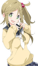 Rule 34 | 1girl, :d, blush, breasts, brown hair, cardigan, fang, green eyes, grey skirt, hair bobbles, hair ornament, inuyama aoi, ixy, looking at viewer, medium breasts, open mouth, plaid, plaid skirt, school uniform, serafuku, side ponytail, simple background, skin fang, skirt, smile, solo, thick eyebrows, white background, yellow cardigan, yurucamp