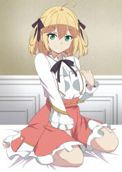 Rule 34 | 1girl, absurdres, ahoge, anisphia wynn palettia, ascot, black ribbon, blonde hair, closed mouth, commentary, frilled skirt, frilled sleeves, frills, green eyes, hair between eyes, hair ribbon, high-waist skirt, highres, jacket, looking at viewer, naruse mai, neck ribbon, on bed, pink skirt, ribbon, seiza, shirt, shirt tucked in, short hair, sitting, skirt, smile, solo, split mouth, tensei oujo to tensai reijou no mahou kakumei, two side up, white ascot, white jacket, white shirt