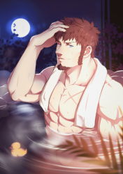 Rule 34 | 1boy, abs, absurdres, alternate hairstyle, bara, bath, beard, bird, blue eyes, brown hair, duck, facial hair, fate/grand order, fate (series), hand in own hair, highres, large pectorals, long sideburns, looking at viewer, male focus, moon, muscular, napoleon bonaparte (fate), nipples, nude, onsen, partially submerged, pectorals, scar, sideburns, smile, solo, steam, towel, water, wet, yaekaidou