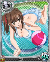 Rule 34 | 10s, 1girl, artist request, ball, beachball, breasts, brown hair, card (medium), character name, chess piece, female focus, hair ribbon, high school dxd, large breasts, long hair, murayama (high school dxd), official art, pawn (chess), ribbon, solo, swimsuit, tongue, tongue out, trading card, twintails, yellow eyes