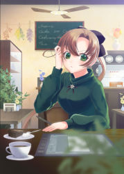 Rule 34 | :&lt;, adjusting hair, akigumo (kancolle), bad id, bad pixiv id, black bow, black ribbon, blue flower, blurry, blurry foreground, blush, bow, brown hair, cabinet, cafe, cake, ceiling fan, chalkboard, chocolate cake, coffee cup, commentary request, cup, depth of field, disposable cup, drawing tablet, drink, english text, flower, food, green eyes, green sweater, hand in own hair, hand up, holding, indoors, kantai collection, long hair, long sleeves, matatabi yosi, mole, mole under eye, orange flower, plant, plate, ponytail, purple flower, red flower, ribbon, saucer, solo, sweater, table, turtleneck, turtleneck sweater, vase, yellow flower