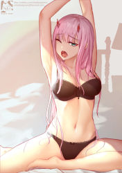 Rule 34 | 10s, 1girl, armpits, arms up, bad id, bad pixiv id, bed, black bra, black panties, bow, bow panties, bra, breasts, commentary request, darling in the franxx, green eyes, highres, horns, long hair, looking at viewer, medium breasts, one eye closed, open mouth, panties, pink hair, saliva, shadowgrave, sitting, solo, stretching, sweat, underwear, yawning, zero two (darling in the franxx)