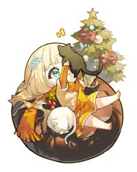 Rule 34 | 1girl, aqua eyes, arms up, barefoot, black cat, blonde hair, cat, christmas tree, closed mouth, cup, dress, flower, hair ornament, hairclip, highres, long hair, long sleeves, lying, on back, original, rafaelaaa, smile, solo, star (symbol), white cat, winter