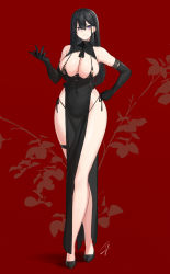 Rule 34 | 1girl, bare shoulders, black dress, black footwear, black gloves, black hair, black panties, blush, breasts, classy-black-haired girl (hayabusa), cleavage, closed mouth, commentary request, covered navel, dress, earrings, elbow gloves, full body, gloves, hair between eyes, hand on own hip, hand up, hayabusa, highres, jewelry, large breasts, long hair, long legs, looking at viewer, mole, mole under eye, mole under mouth, original, panties, purple eyes, red background, side-tie panties, sideboob, signature, sleeveless, sleeveless dress, solo, standing, thigh strap, thighs, underwear, wide hips