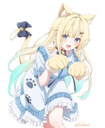 Rule 34 | 1girl, absurdres, aizawa ema, animal ears, animal hands, bell, black choker, black ribbon, blonde hair, blue dress, blue eyes, blush, cat ears, cat girl, cat tail, choker, dress, earrings, frilled dress, frills, fuusuke (fusuke208), gloves, gradient hair, green eyes, hair ornament, hairclip, highres, jewelry, jingle bell, long hair, looking at viewer, multicolored hair, paw gloves, ribbon, simple background, smile, solo, tail, tail ornament, virtual youtuber, vspo!, white background