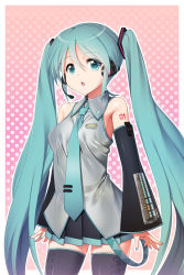 Rule 34 | 1girl, between breasts, black skirt, black sleeves, black thighhighs, breasts, chestnut mouth, commentary, detached sleeves, fugetsu taku, green eyes, green hair, green necktie, grey shirt, hatsune miku, headset, highres, long hair, looking at viewer, nail polish, necktie, open mouth, piano print, shirt, skindentation, skirt, solo, thighhighs, twintails, very long hair, vocaloid, zettai ryouiki
