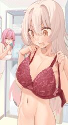 Rule 34 | 2girls, blue hair, bra, breasts, brown eyes, clenched teeth, collarbone, commentary request, completely nude, flat chest, hair between eyes, highres, holding, holding bra, holding clothes, holding underwear, hozuki kaede, indoors, large breasts, long hair, looking at another, multicolored hair, multiple girls, naked towel, navel, noyama (noyama8888), nude, onii-chan wa oshimai!, open mouth, oyama mahiro, pink eyes, red bra, smile, stomach, teeth, towel, two-tone hair, underwear, white hair