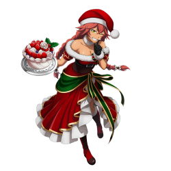 Rule 34 | 1girl, boots, cake, christmas, food, gloves, hat, lupusregina beta, official art, one eye closed, overlord (maruyama), ponytail, red hair, santa gloves, santa hat, smile, tagme, tan, white background, yellow eyes