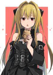Rule 34 | 1girl, :o, absurdres, blonde hair, detached sleeves, food, hair intakes, highres, holding, holding food, konjiki no yami, long hair, looking at viewer, rauto, red background, red eyes, solo, to love-ru, two-tone background, white background