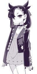 Rule 34 | 1girl, asymmetrical bangs, backpack, bag, black choker, black hair, black jacket, black nails, blush, choker, closed mouth, collarbone, commentary request, cowboy shot, creatures (company), dress, earrings, game freak, hair ribbon, hanauna, highres, jacket, jewelry, long sleeves, looking at viewer, marnie (pokemon), nail polish, nintendo, open clothes, open jacket, pokemon, pokemon swsh, purple theme, ribbon, solo, twintails