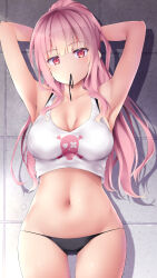 Rule 34 | armpits, arms behind back, arms up, bare arms, bare shoulders, belly, black panties, black ribbon, blunt bangs, breasts, cleavage, closed mouth, collarbone, cowboy shot, crop top, expressionless, eyelashes, head tilt, highres, hololive, hololive english, large breasts, long hair, looking away, looking to the side, midriff, mori calliope, mouth hold, navel, no pants, panties, pink hair, ponytail, print shirt, red eyes, ribbon, ribbon in mouth, ruschuto, shirt, sidelocks, standing, string panties, tank top, thigh gap, underwear, virtual youtuber, white tank top