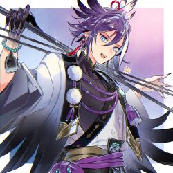 Rule 34 | 1boy, 3 sa sa, absurdres, androgynous, banzoin hakka, blue eyes, earrings, feather earrings, feathers, grey hair, highres, holding, holding polearm, holding weapon, holostars, holostars english, japanese clothes, jewelry, kimono, long hair, looking at viewer, mismatched earrings, multicolored hair, obi, polearm, pom pom (clothes), purple hair, purple sash, sash, streaked hair, virtual youtuber, weapon, white kimono