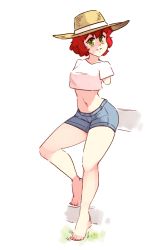 Rule 34 | 1girl, amputee, armless amputee, bad source, bare legs, barefoot, blush, breasts, cropped shirt, double amputee, full body, green eyes, hat, katawa shoujo, looking at viewer, medium breasts, midriff, navel, no arms, parted lips, red hair, rtil, shirt, short hair, short shorts, short sleeves, shorts, simple background, smile, solo, sun hat, tezuka rin, white background, white shirt