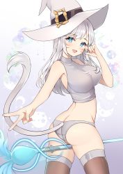 Rule 34 | 1girl, :d, absurdres, armpits, ass, bare arms, bare shoulders, between legs, blue eyes, breasts, brown thighhighs, cat tail, commission, cowboy shot, crop top, facial mark, final fantasy, final fantasy xiv, grey panties, hand up, hat, highres, jirafuru, large breasts, long hair, looking at viewer, miqo&#039;te, no pants, open mouth, panties, shirt, sleeveless, sleeveless shirt, smile, solo, staff, standing, tail, taut clothes, taut shirt, thighhighs, twisted torso, underwear, v, warrior of light (ff14), white hair, white hat, white shirt, witch hat