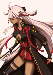 Rule 34 | 1girl, absurdres, ahoge, black bow, black cape, black thighhighs, bow, breasts, cape, cleavage, cleavage cutout, clothing cutout, collarbone, dark-skinned female, dark skin, dress, fate/grand order, fate (series), floating hair, grey background, hair between eyes, hair bow, hair ribbon, highres, holding, holding sheath, holding sword, holding weapon, katana, long hair, medium breasts, murasaki tachi, okita souji (fate), okita souji alter (fate), red ribbon, ribbon, sheath, short dress, silver hair, simple background, solo, standing, sword, thigh strap, thighhighs, unsheathed, very long hair, weapon, yellow eyes