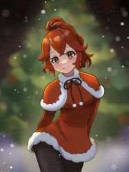 Rule 34 | 1girl, anna (fire emblem), anna (fire emblem engage), black pants, capelet, christmas, closed mouth, crossed bangs, dress, fire emblem, fire emblem engage, highres, long sleeves, looking at viewer, nintendo, pants, ponytail, red capelet, red dress, red eyes, red hair, santa dress, smile, solo, thedarkestuno