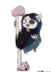 Rule 34 | 1girl, :d, animal slippers, artist name, bad id, bad pixiv id, black dress, black eyes, black hair, blue eyeshadow, blue hair, claire (the summoning), collared dress, commentary, deviantart logo, dress, english commentary, eyeshadow, facial mark, fangs, full body, goth fashion, highres, leg up, logo, long hair, looking at viewer, makeup, multicolored hair, one eye closed, open mouth, pale skin, pentagram, pink footwear, pixiv logo, pointy ears, short eyebrows, short sleeves, simple background, slippers, smile, solo, split, standing, standing on one leg, standing split, struggling, the summoning, trembling, twitter logo, very long hair, wheatly101, white background