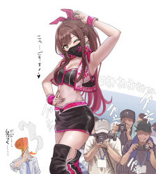 Rule 34 | 1girl, 4boys, arm up, armpits, boots, breasts, brown hair, cigarette, cleavage, commentary request, extra, faceless, faceless male, hamedoragon, idolmaster, idolmaster shiny colors, medium breasts, multiple boys, one eye closed, osaki amana, p-head producer, ponytail, producer (idolmaster), smoking, taking picture, thigh boots, translation request, wrist cuffs