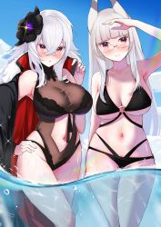 Rule 34 | 2girls, :o, absurdres, animal ears, arm up, armpits, azur lane, bare shoulders, bikini, black bikini, black coat, black flower, black one-piece swimsuit, black rose, blue sky, blunt bangs, blush, breasts, cleavage, closed mouth, clothing cutout, cloud, coat, collarbone, commentary, cowboy shot, crossed bangs, crossover, day, flower, fur-trimmed coat, fur trim, glasses, glint, graf zeppelin (azur lane), graf zeppelin (beachside urd) (azur lane), groin, hair between eyes, hair flower, hair ornament, hand on own hip, hand up, head wings, heidimarie w. schnaufer, highres, jacket, jacket on shoulders, large breasts, long hair, looking at viewer, marumai, multiple girls, navel, navel cutout, o-ring, o-ring bikini, official alternate costume, one-piece swimsuit, outdoors, partially submerged, partially underwater shot, purple eyes, rainbow, red eyes, rose, sidelocks, skindentation, sky, smile, standing, stomach, strike witches, swimsuit, taut clothes, taut swimsuit, underboob, underwater, very long hair, wading, white hair, wings, world witches series, wrist straps
