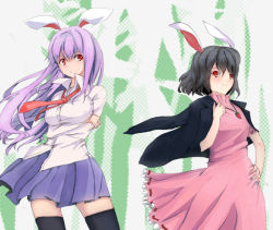 Rule 34 | 2girls, aged up, animal ears, bad id, bad pixiv id, brown hair, dress, female focus, frills, inaba tewi, light purple hair, long hair, multiple girls, necktie, rabbit ears, red eyes, red necktie, reisen udongein inaba, school uniform, shiina maru, shiina maru (pixiv), short hair, skirt, thighhighs, touhou, wind