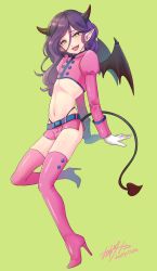 Rule 34 | 1boy, absurdres, arms behind back, belt, black horns, blue belt, boots, commentary request, dated, demon boy, demon wings, fang, foot up, full body, hair between eyes, heart, heart tail, high heels, highres, horns, jacket, juliet sleeves, long hair, long sleeves, looking at viewer, male focus, navel, original, pink footwear, pink jacket, pink shorts, pink thighhighs, pointy ears, puffy sleeves, purple hair, short shorts, shorts, shrug (clothing), signature, simple background, slit pupils, solo, stomach, tail, thigh boots, thighhighs, trap, wings, yellow background, yellow eyes, yumyy iura