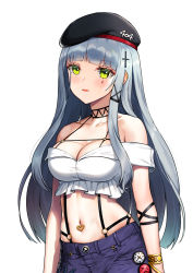 Rule 34 | 1girl, bad id, bad twitter id, bangle, bare shoulders, beret, blunt bangs, blush, bracelet, breasts, casual, cleavage, collarbone, commentary request, crop top, facial mark, girls&#039; frontline, greem bang, green eyes, hair ornament, hat, highres, hk416 (girls&#039; frontline), jewelry, large breasts, long hair, looking at viewer, midriff, multiple piercings, navel, navel piercing, o-ring, off shoulder, open mouth, pants, piercing, purple pants, silver hair, solo, stomach, very long hair
