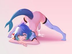 Rule 34 | 1girl, absurdres, ahoge, aqua hair, blouse, blue eyes, blue hair, blue thighhighs, blush, bottomless, breasts, censored, cropped shirt, cum, cum pool, cum string, ejaculation, feet, fins, fish tail, full body, futanari, gari (sbgu), gradient hair, hair between eyes, heart, heart-shaped pupils, highres, horns, jack-o&#039; challenge, looking at viewer, medium breasts, mosaic censoring, multicolored hair, no shoes, original, sbgu, shark fin, shark girl, shark tail, shirt, short hair, short sleeves, sideboob, simple background, skindentation, smile, solo, symbol-shaped pupils, tail, thighhighs, top-down bottom-up, two-tone hair, white shirt