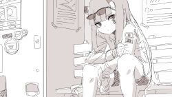 Rule 34 | 1girl, can, closed mouth, collared shirt, commentary request, eyewear on head, feet out of frame, highres, holding, holding can, kuro kosyou, long hair, long sleeves, looking at viewer, monochrome, on bench, original, shirt, short shorts, shorts, sitting, sketch, solo, sunglasses, vending machine, very long hair