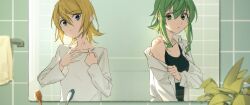 Rule 34 | 2girls, bathroom, bite mark, black shirt, blonde hair, blue eyes, breasts, collarbone, collared shirt, flat chest, gumi, hair between eyes, head tilt, hickey, highres, implied after sex, kagamine rin, medium breasts, medium hair, mirror, multiple girls, open clothes, open shirt, plant, scratches, shirt, sidelocks, sleeveless, sleeveless shirt, tile wall, tiles, toothbrush, towel, unbuttoned, vocaloid, wavy hair, white shirt, wounds404, yuri