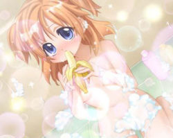 Rule 34 | 1girl, banana, blonde hair, blue eyes, breasts, bubble, food, fruit, lowres, showering, soap, solo