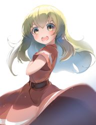 Rule 34 | 1girl, :o, belt, blush, brown eyes, child, deaimon, dress, enhyo, highres, long hair, looking at viewer, open mouth, short sleeves, simple background, smile, standing, white background, yukihira itsuka