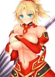 Rule 34 | 1girl, aged up, alternate breast size, aqua eyes, blonde hair, breasts, covering privates, covering breasts, detached sleeves, fate/apocrypha, fate/grand order, fate (series), female focus, gold trim, highres, hozenkakari, lance, large breasts, midriff, mordred (fate), mordred (fate/apocrypha), navel, polearm, ponytail, rhongomyniad (fate), simple background, solo, topless, topless frame, upper body, weapon, white background