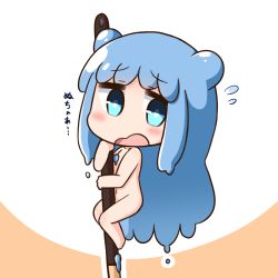 Rule 34 | 1girl, blue eyes, blue hair, blush, chibi, commentary request, convenient censoring, double bun, dripping, flying sweatdrops, food, full body, hair bun, half slime-chan, hana kazari, long hair, looking at viewer, monster girl, navel, nude, original, pocky, slime girl, solo, translation request, very long hair