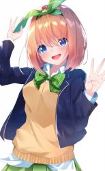 Rule 34 | 1girl, :d, arm up, blazer, blue eyes, blue jacket, blush, bow, brown hair, collared shirt, commentary request, go-toubun no hanayome, green bow, green ribbon, green skirt, hair between eyes, hair ribbon, head tilt, highres, jacket, long sleeves, nakano yotsuba, open clothes, open jacket, open mouth, pleated skirt, ribbon, school uniform, shirt, simple background, skirt, smile, solo, suisen-21, sweater vest, teeth, upper teeth only, white background, white shirt