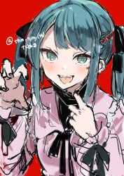 Rule 34 | 1girl, black bow, black nails, blue eyes, blue hair, bow, claw pose, collared shirt, fangs, hair bow, hands up, hatsune miku, ikeuchi tanuma, long hair, long sleeves, mask, mask pull, mouth mask, nail polish, open mouth, pink shirt, puffy long sleeves, puffy sleeves, pulled by self, red background, shirt, simple background, sketch, sleeves past wrists, solo, twintails, twitter username, upper body, vampire (vocaloid), vocaloid