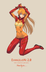 Rule 34 | 1girl, absurdres, armpits, bandeau, bodysuit, breasts, clothes writing, copyright name, covered navel, english text, evangelion: 2.0 you can (not) advance, floating hair, full body, grey background, groin, hair between eyes, head tilt, highres, interface headset, kai1up, kneeling, legs apart, long hair, narrow waist, neon genesis evangelion, neon trim, orange hair, parted bangs, parted lips, plugsuit, rebuild of evangelion, see-through, simple background, small breasts, smile, solo, souryuu asuka langley, two side up, very long hair, wide hips